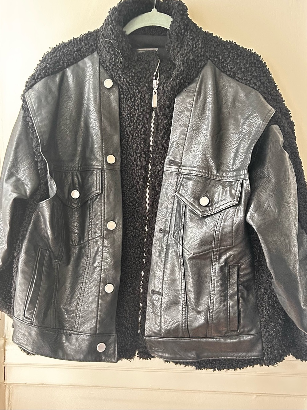 Blank NYC Black Faux Leather Jacket with Sherpa Trim